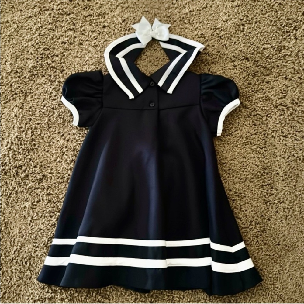 ⚓️RARE EDITIONS Dark Navy Sailor Dress Set w/Sleeves, Bloomers & Hat ~ 24months - Picture 4 of 11
